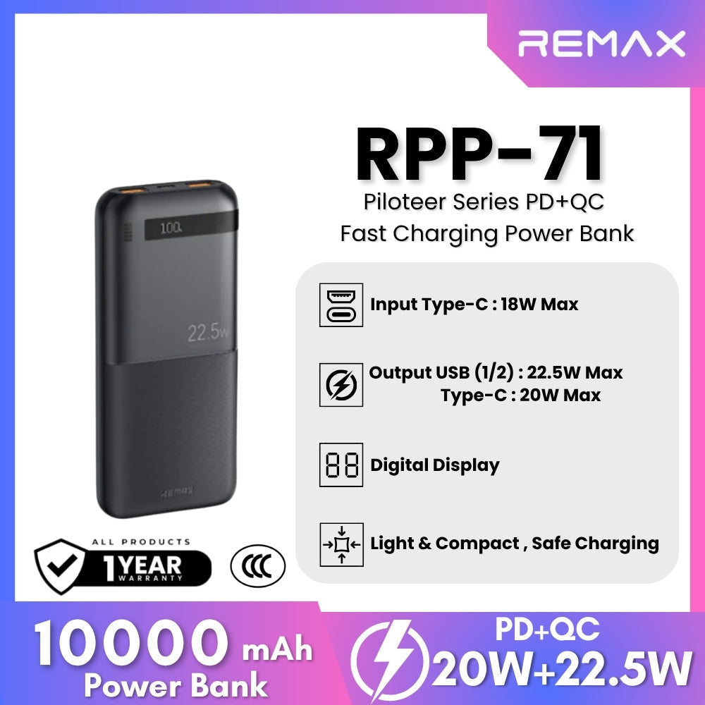 REMAX RPP-71 Piloteer Series 10000mAh PD+QC Fast Charging Power Bank (PD 20W+QC 22.5W) - Black