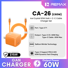 Remax-CA-26(C60W) Ice Crystal 60W GaN Travel Adapter + C-C Cable Set - Orange
