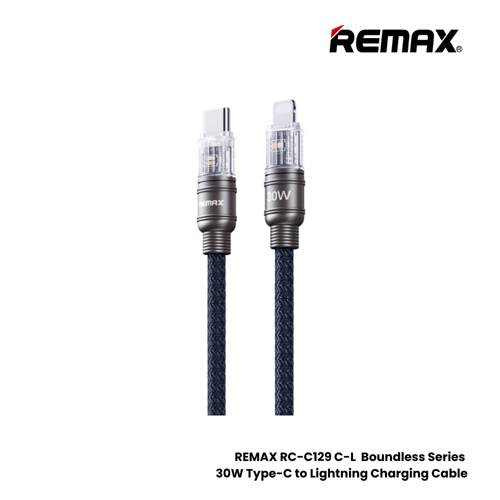 30W ( C to Lightning )-REMAX RC-C129 C-L Boundless Series 30W Type-C to Lightning Fast Charging Data Cable - Blue