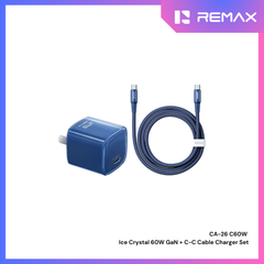 Remax-CA-26(C60W) Ice Crystal 60W GaN Travel Adapter + C-C Cable Set - Dark Blue