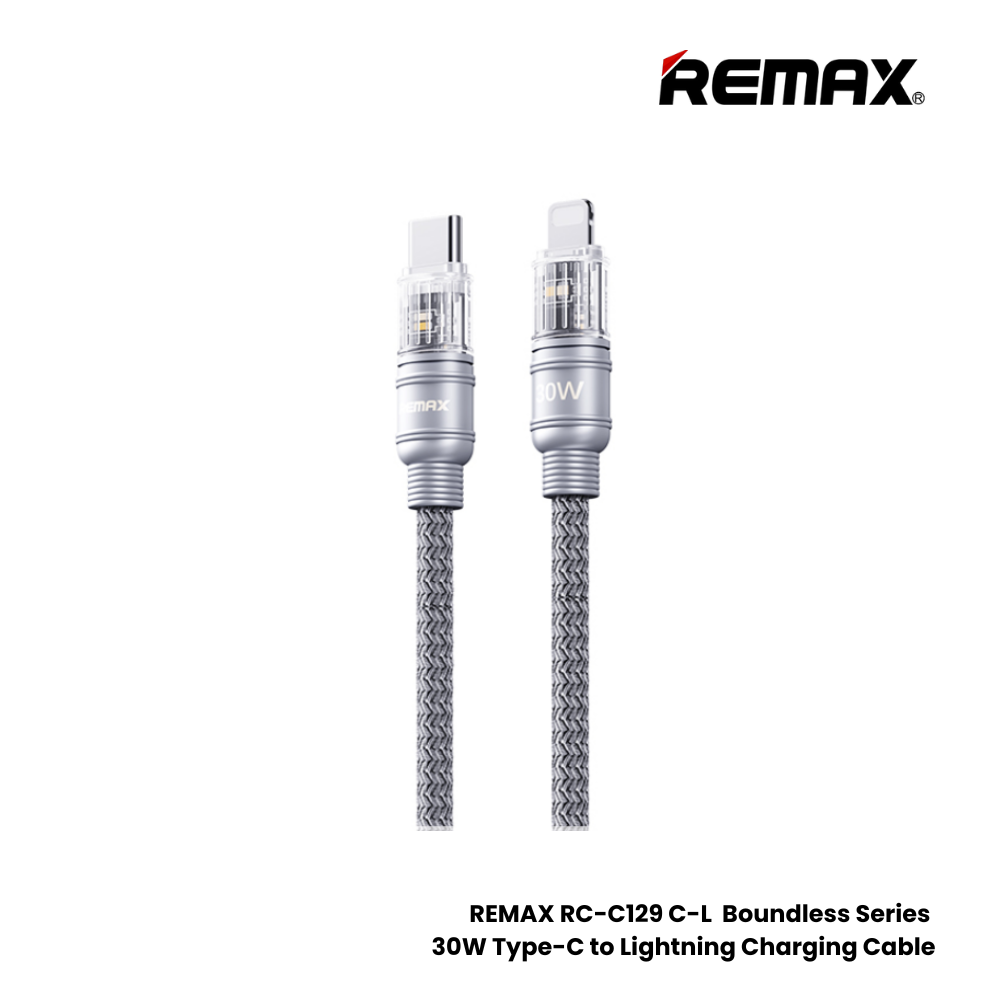 30W ( C to Lightning )-REMAX RC-C129 C-L Boundless Series 30W Type-C to Lightning Fast Charging Data Cable - Silver Grey