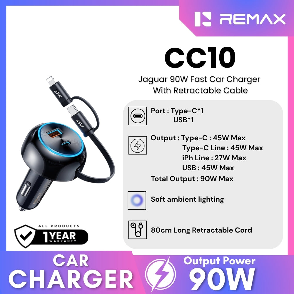 REMAX - CC10 Jaguar 90W Fast Car Charger with Retractable Cable - Black