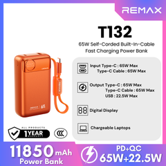REMAX - T132 11850mAh Built-In-Cable Fast Charging Power Bank ( PD65W + QC22.5W )