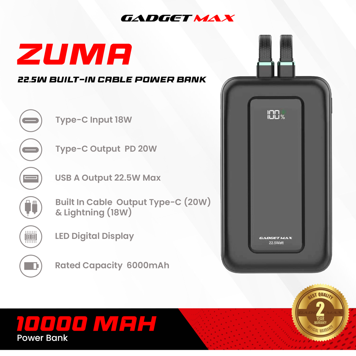 GADGET MAX - ZUMA 10000mAh PD+QC Built-In Cable Fast Charging Power Bank (20W+22.5W) - Black
