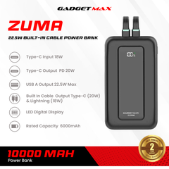 GADGET MAX - ZUMA 10000mAh PD+QC Built-In Cable Fast Charging Power Bank (20W+22.5W) - Black