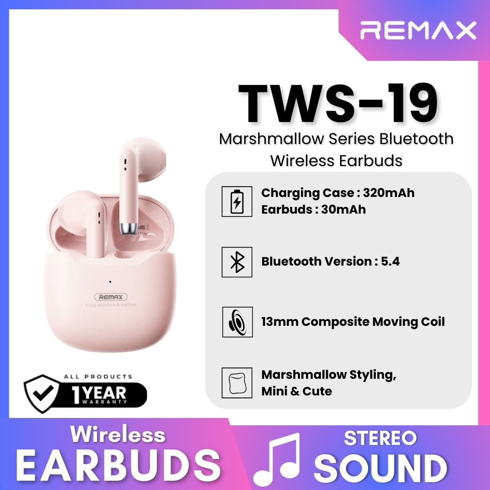 REMAX TWS-19 Marshmallow Series Wireless Bluetooth Earbuds - Pink