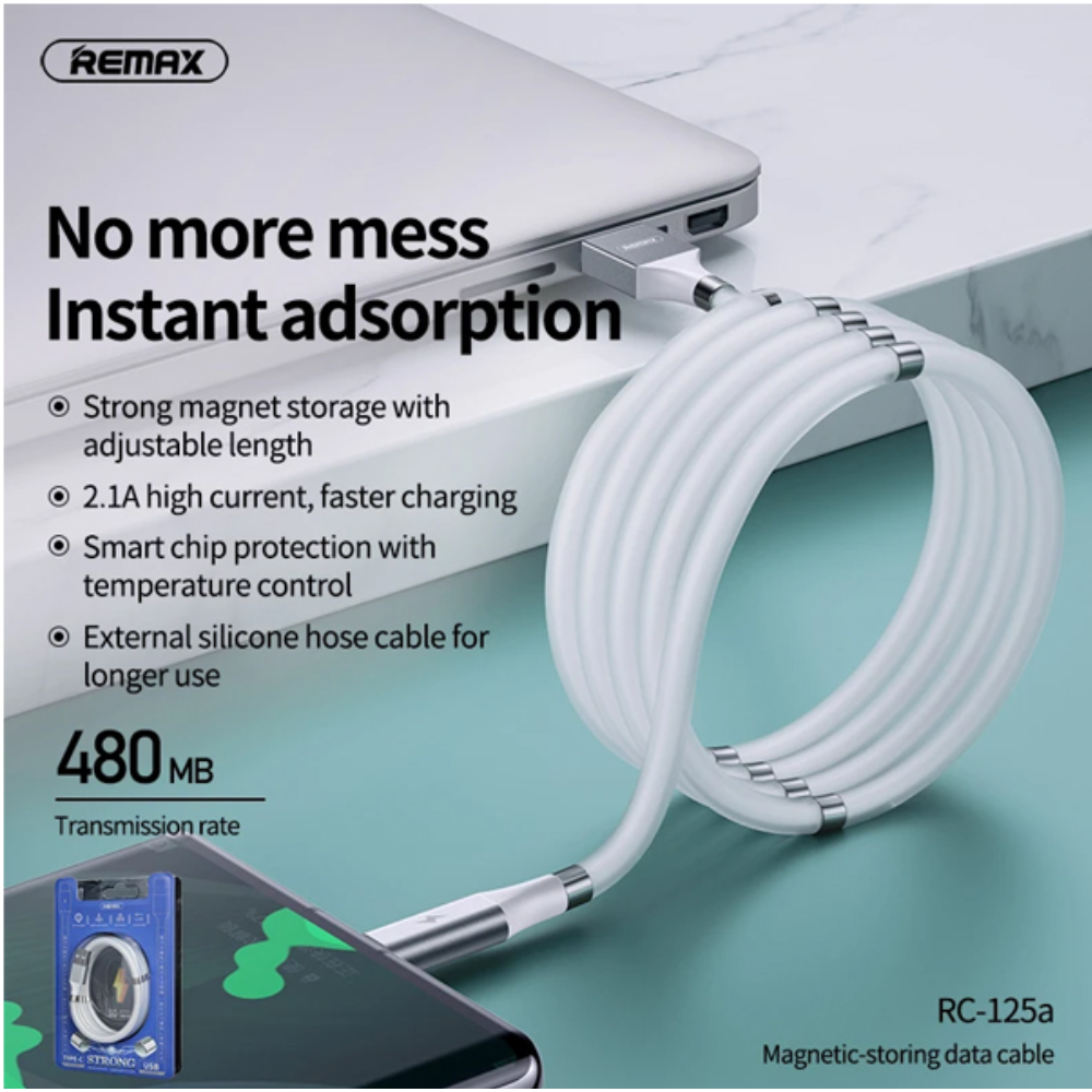 2.1A ( Type-C )-REMAX RC-125A Magnetic-Storing Series 2.1A USB to Type-C Charging Data Cable - White