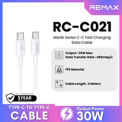 REMAX - RC-C021 Marlik Series Type-C to Type-C PD Fast Charging Data Cable ( 30W ) - White