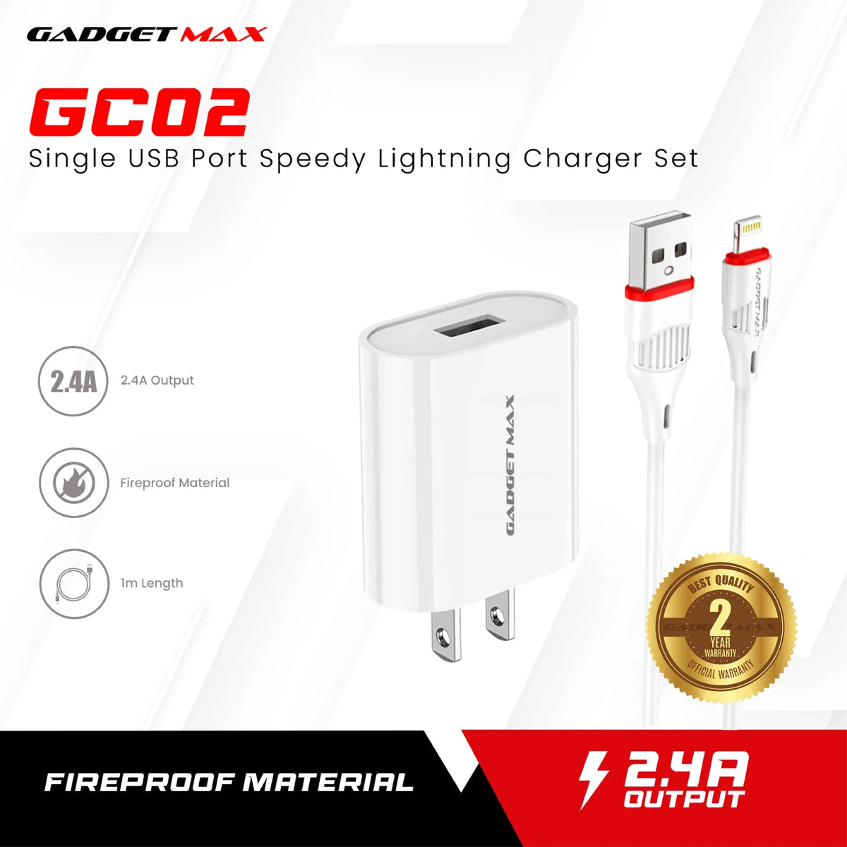 GADGET MAX GC02 IPH 2.4A SINGLE USB PORT SPEEDY IPHONE CHARGER SET (1USB)(2.4A)(1M)