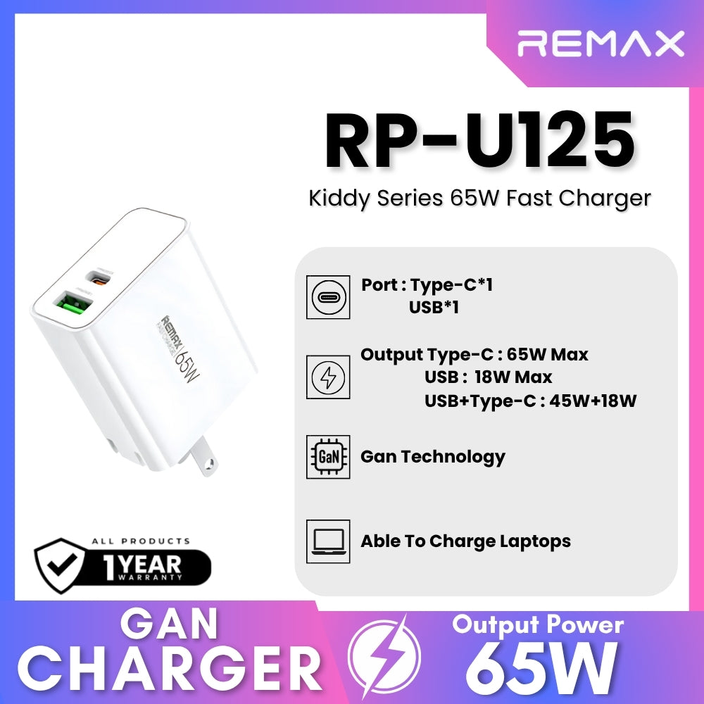 REMAX - RP-U125 Kiddy Series PD+QC GAN Fast Charger (65W) - White