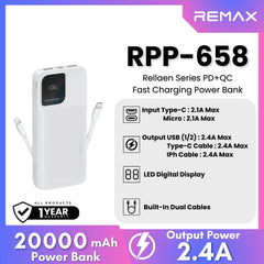 REMAX RPP-658 Rellaen Series 20000mAh Fast Charging Power Bank(2.4A) - White
