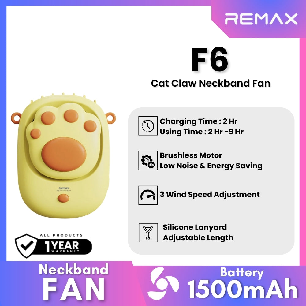 REMAX F6 Cat Claw Neckband Fan - Yellow
