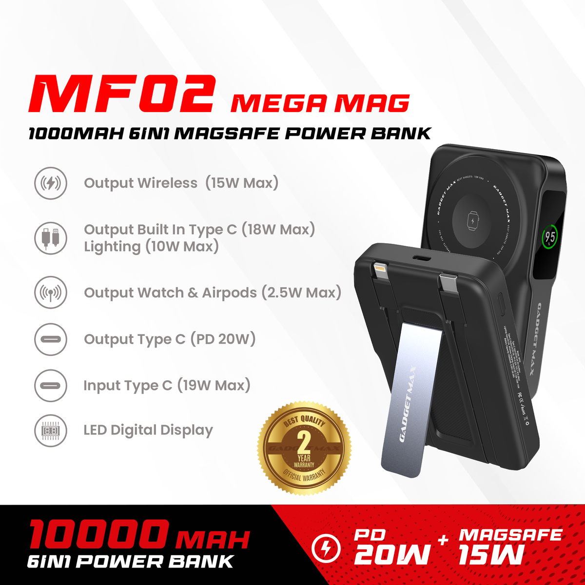 GADGET MAX - MF02 10000mAh Mega Mag 6 In 1 Magnetic Charging Power Bank - Black