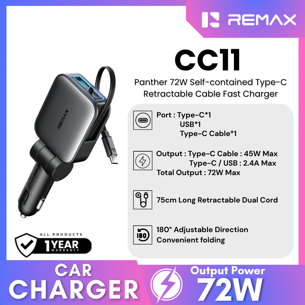 REMAX - CC11 36W Panther 72W Self-contained Type-C Retractable Cable Fast Charger Car Charger - Tarnish
