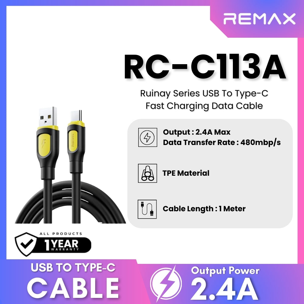 REMAX - RC-C113A Ruinay Series USB to Type-C Fast Charging Data Cable ( 2.4A ) - Black