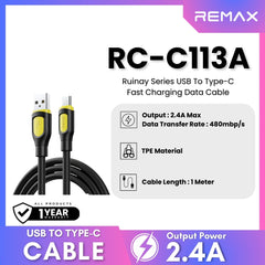 REMAX - RC-C113A Ruinay Series USB to Type-C Fast Charging Data Cable ( 2.4A ) - Black