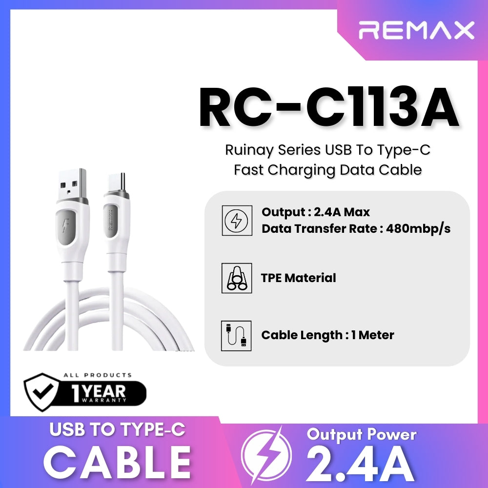 REMAX - RC-C113A Ruinay Series USB to Type-C Fast Charging Data Cable ( 2.4A ) - White