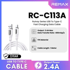 REMAX - RC-C113A Ruinay Series USB to Type-C Fast Charging Data Cable ( 2.4A ) - White