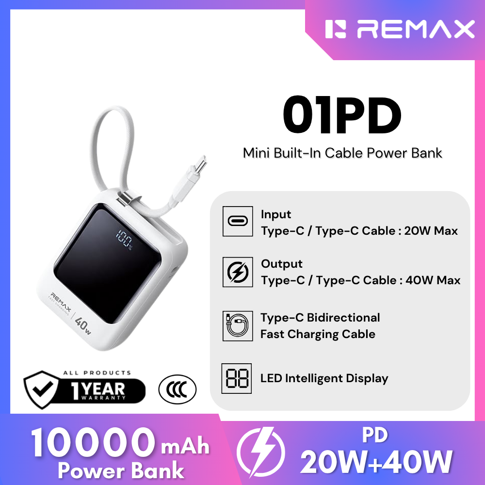 REMAX - 01PD 10000mAh 40W Mini Built-In-Cable Fast Charging Power Bank - White