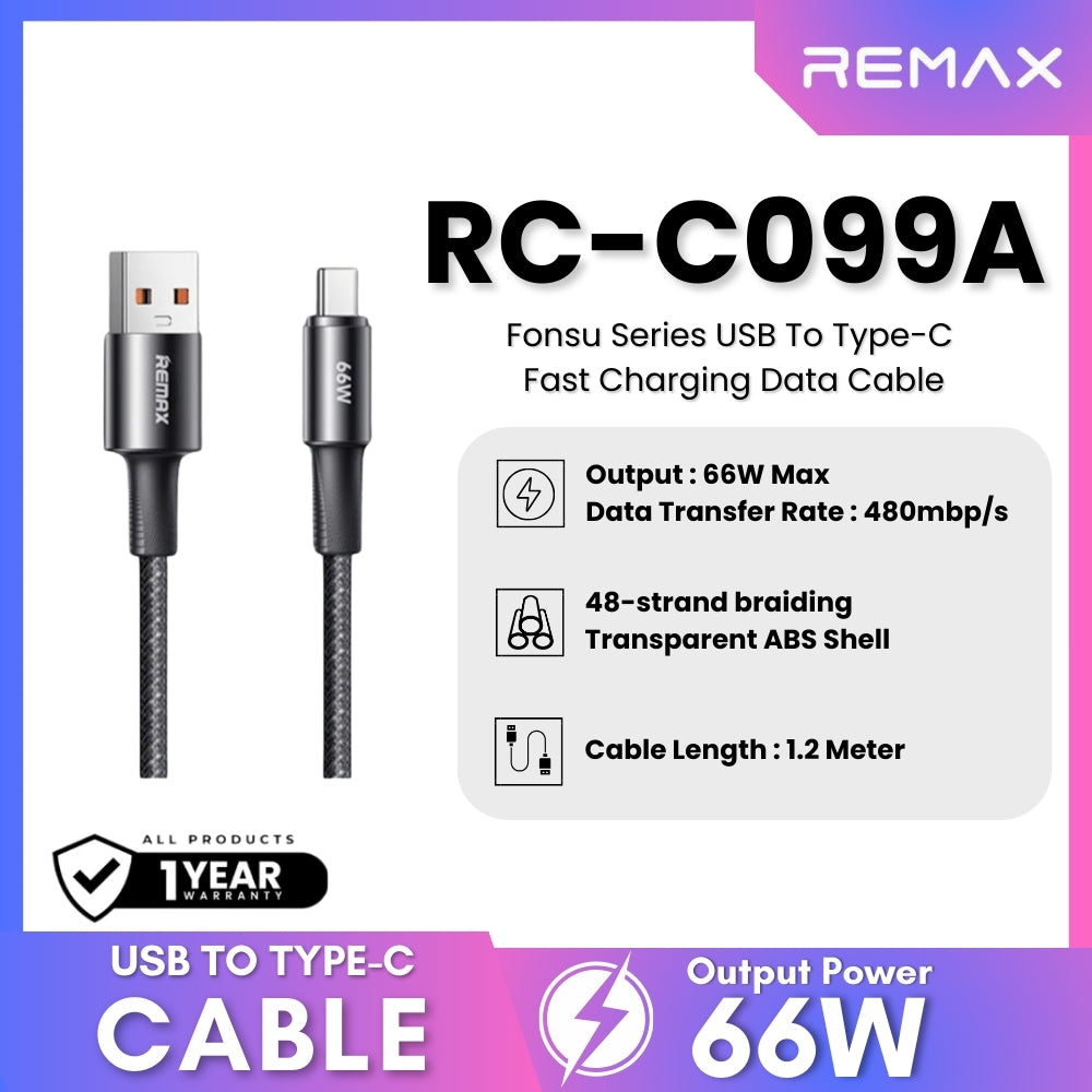 REMAX - RC-C099A Fonsu Series USB to Type-C Fast Charging Data Cable ( 66W ) - Black