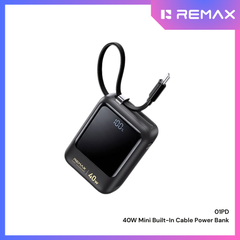 REMAX - 01PD 10000mAh 40W Mini Built-In-Cable Fast Charging Power Bank - Black