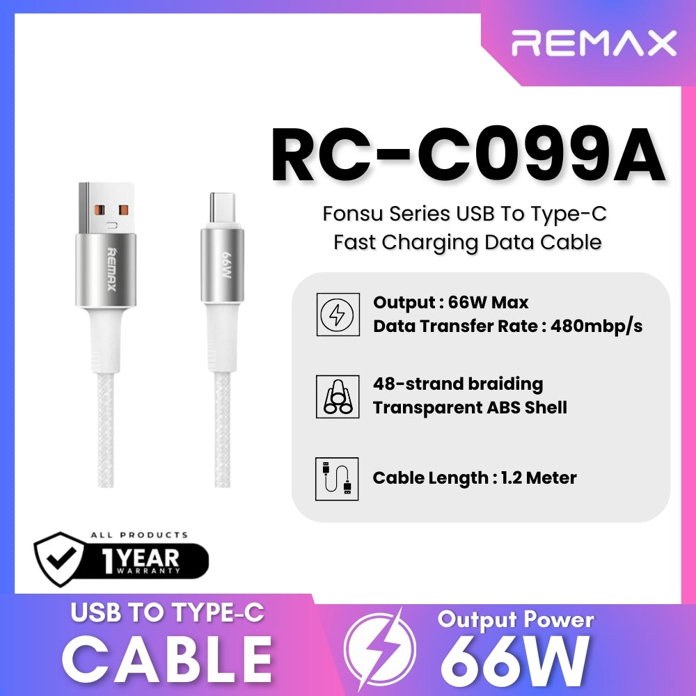 REMAX - RC-C099A Fonsu Series USB to Type-C Fast Charging Data Cable ( 66W ) - White