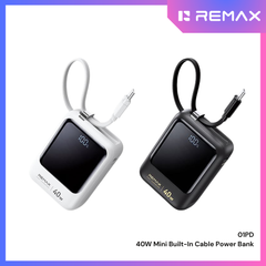 REMAX - 01PD 10000mAh 40W Mini Built-In-Cable Fast Charging Power Bank - Black
