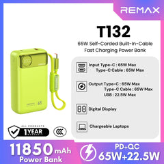 REMAX - T132 11850mAh Built-In-Cable Fast Charging Power Bank ( PD65W + QC22.5W ) - Green