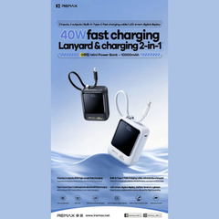 REMAX - 01PD 10000mAh 40W Mini Built-In-Cable Fast Charging Power Bank - Black