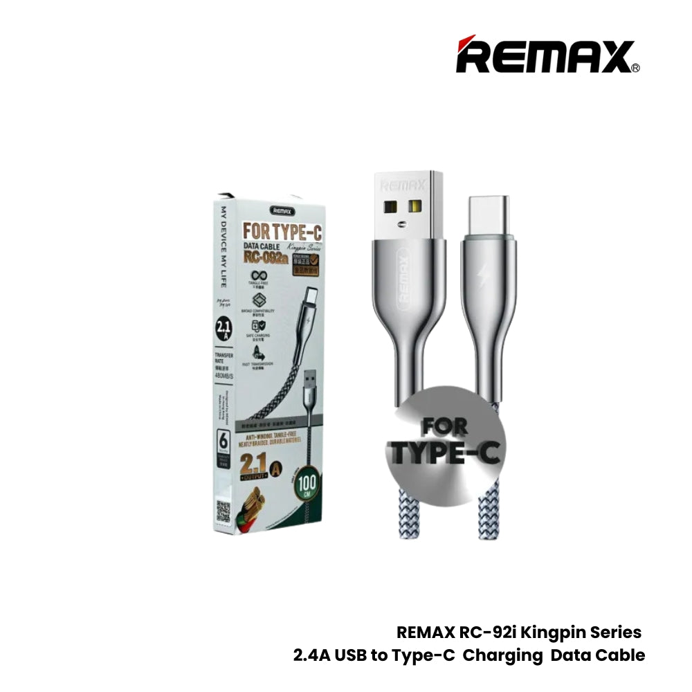 2.4 A ( Type-C )-REMAX RC-092A Kingpin Series 2.4A USB to Type-C Charging Data Cable - Silver