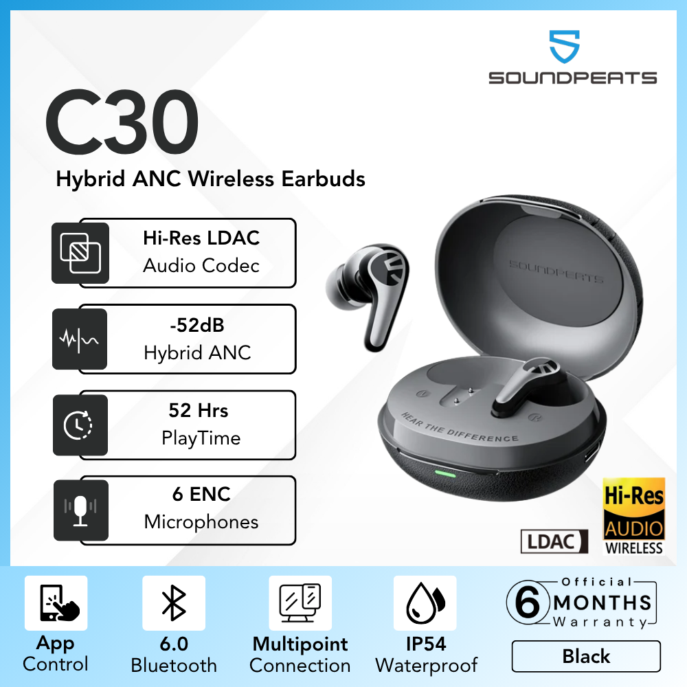 Soundpeats - C30 Hybrid ANC Wireless Earbuds - Black