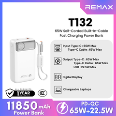 REMAX - T132 11850mAh Built-In-Cable Fast Charging Power Bank ( PD65W + QC22.5W ) - White