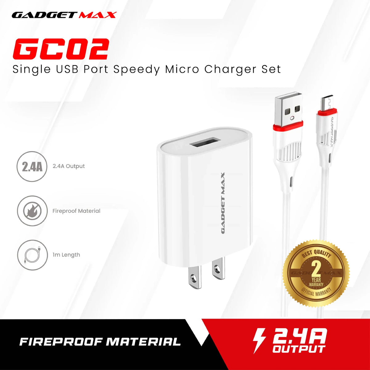 GADGET MAX GC02 MICRO 2.4A SINGLE USB PORT SPEEDY MICRO CHARGER SET (1USB)(2.4A)(1M)