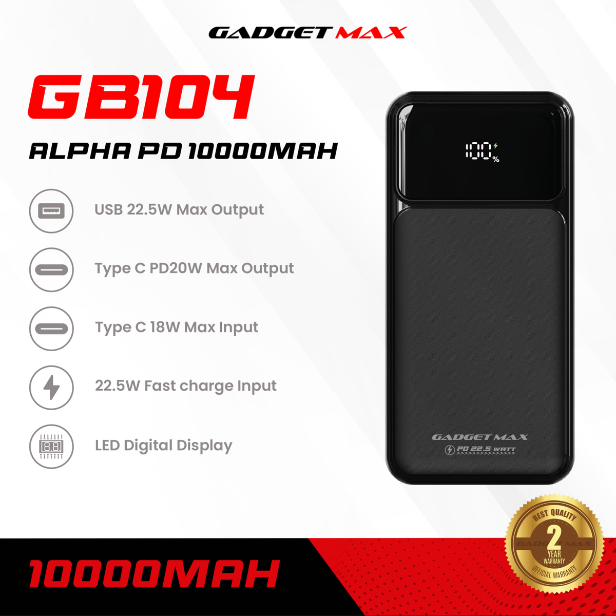 GADGET MAX - GB104 Alpha PD 10000mAh PD+QC Fast Charging Digital Power Bank ( 20W+22.5W ) - White