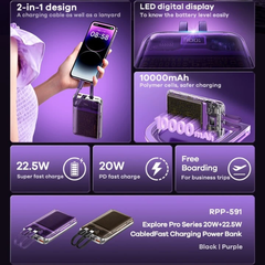 REMAX RPP-591 Explore Pro Series 10000mAh PD+QC Fast Charging Power Bank(PD 20W+QC 22.5W) - Purple