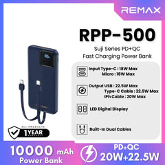 REMAX RPP-500 Suji Series 10000mAh PD+QC Fast Charging Power Bank(PD 20W+QC 22.5W) - Blue