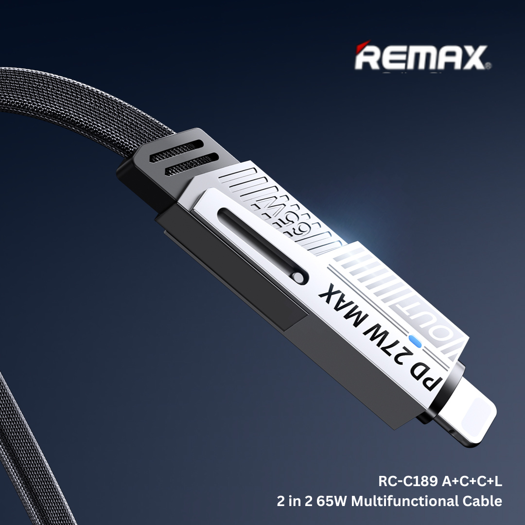 Remax RC-C189 A+C+ C+L 2-In-2 65W Multifunctional Zinc Alloy Data Cable USB+TYPE-C TO TYPE-C+IPH (1M) - Black