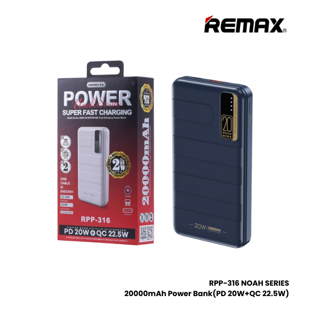 REMAX RPP-316 Noah Series 20000mAh PD+QC Fast Charging Power Bank(PD 20W+QC 22.5W) - White