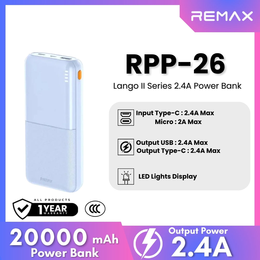 REMAX - RPP-26 Lango 2 Series 20000mAh Fast Charging Power Bank(2.4A) - Blue