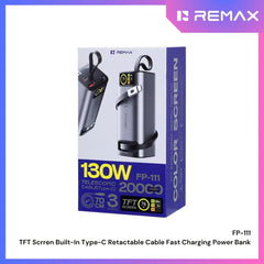 [ Pre-Order ] REMAX -  FP-111 20000mAh TFT Scrren Built-In Type-C Retactable Cable Fast Charging Power Bank - Black