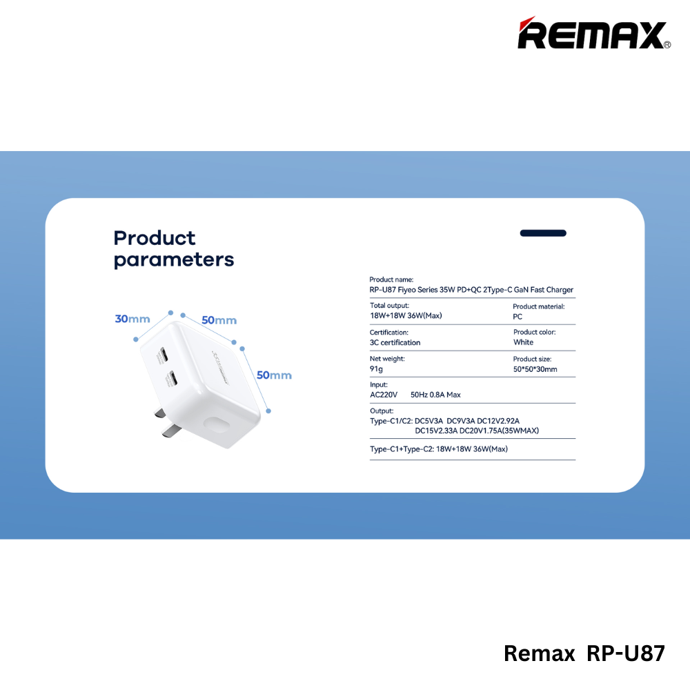 REMAX RP-U87 Fiyeo Series 35W PD+QC Gan Fast Charger