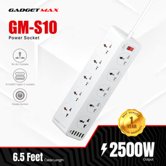 GADGET MAX GM-S10 SC10610 (5USB/1TYPE-C) POWER SOCKET PD+QC 3.0 HIGH PERFORMANCE POWER SHRIP 2500W (10SOCKET/5USB/1TYPE-C) (30W) (2M) (Power Socket)