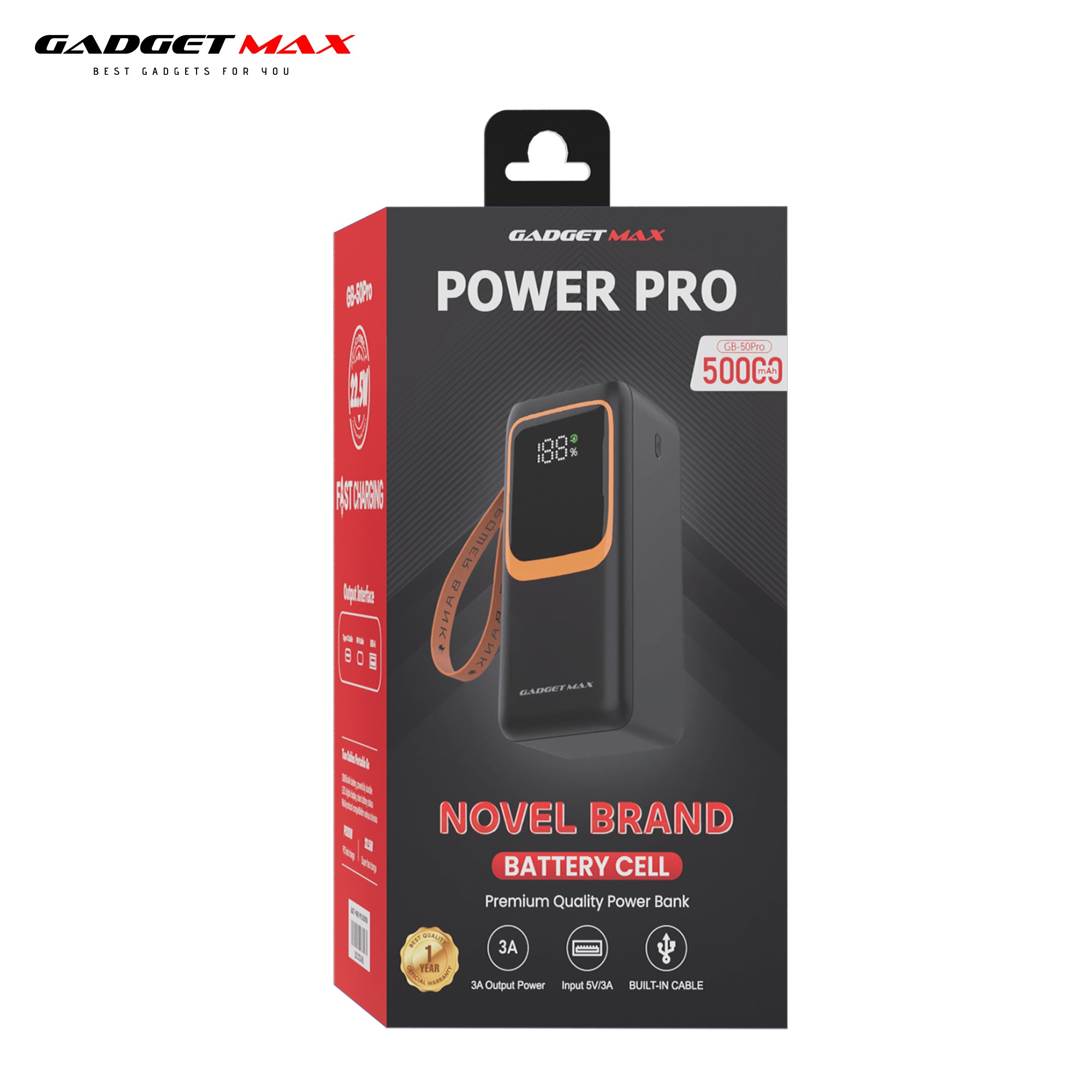 GADGET MAX GB-50PRO 50000MAH PD20W+ QC22.5W WITH CABLE FAST CHARGING POWER PRO DIGITAL DISPLAY POWER BANK (OUTPUT-4USB)(TYPE C-IN/OUT)(IPH-IN/OUT)