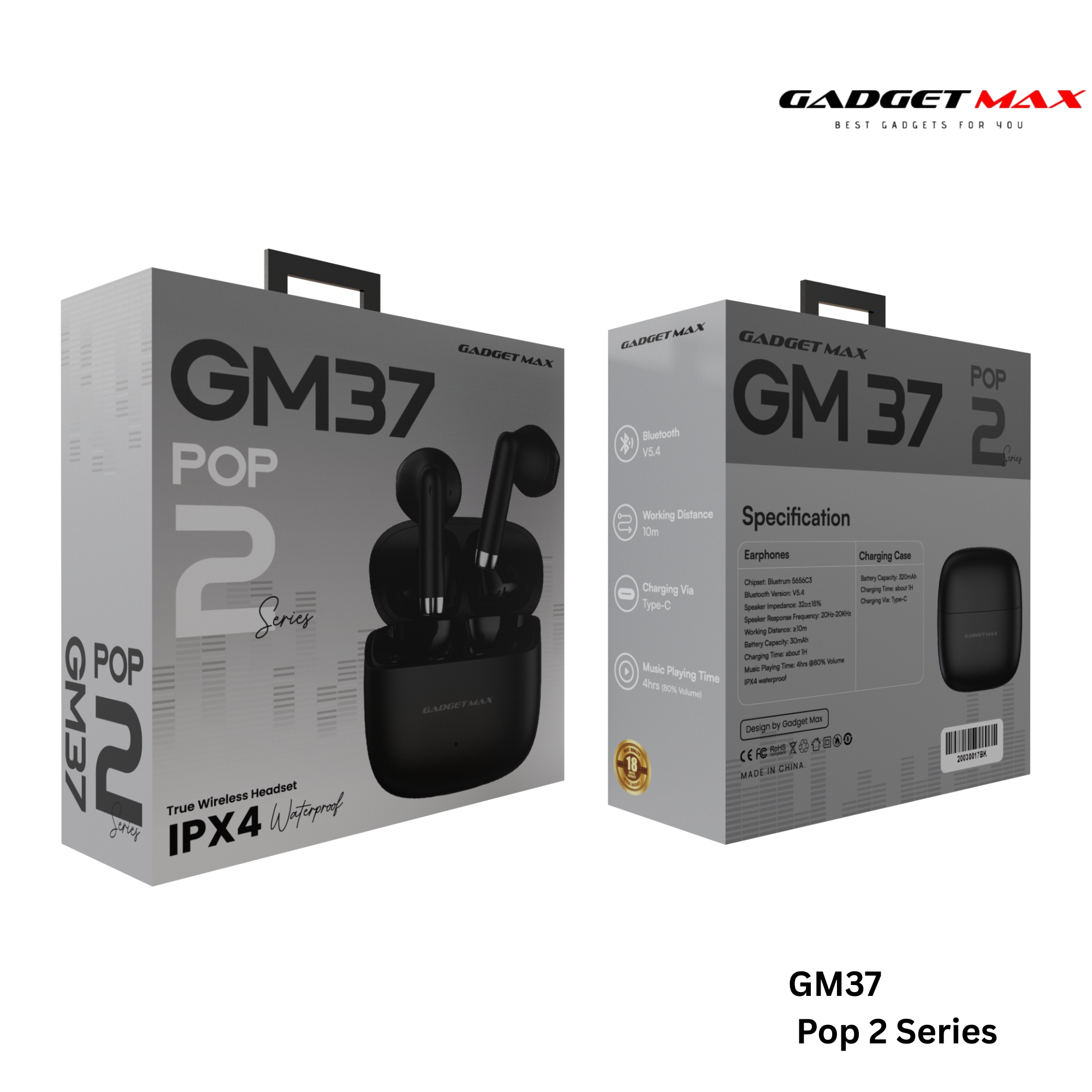 GADGET MAX - GM37 Pop 2 Wireless Bluetooth Earbuds - Black