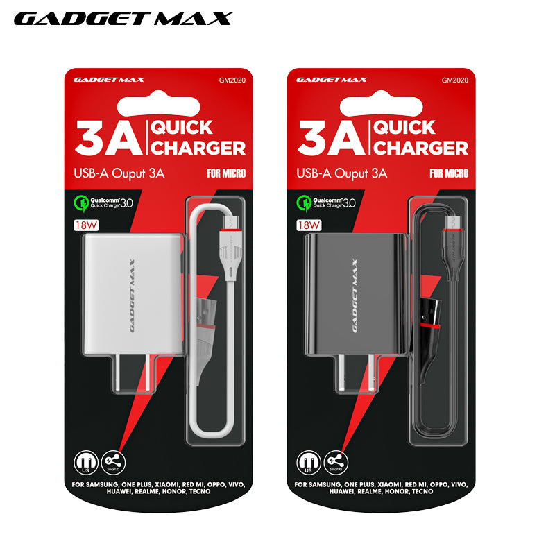 GADGET MAX GM2020 3A QUICK CHARGER WITH MICRO DATA CABLE - WHITE