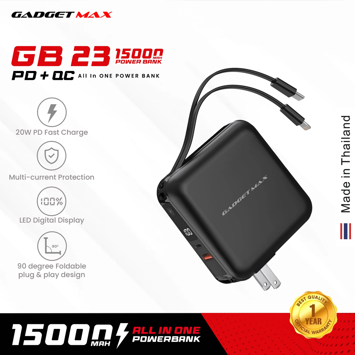 GADGET MAX GB23 AIO Pro Series 15000mAh All-in-One PD+QC Fast Charging Power Bank(PD 20W+QC 22.5W) - Black