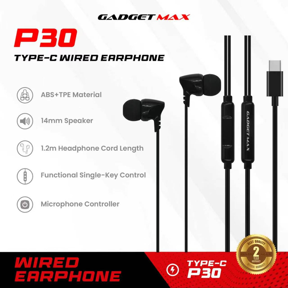 GADGET MAX - P30 Type-C Wired Earphone - Black