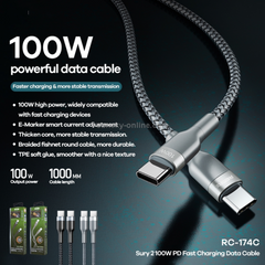 100W ( C to C )-REMAX RC-174C C-C Sury 2 Series 100W Type-C to Type-C Fast Charging PD Charging Data Cable - Black