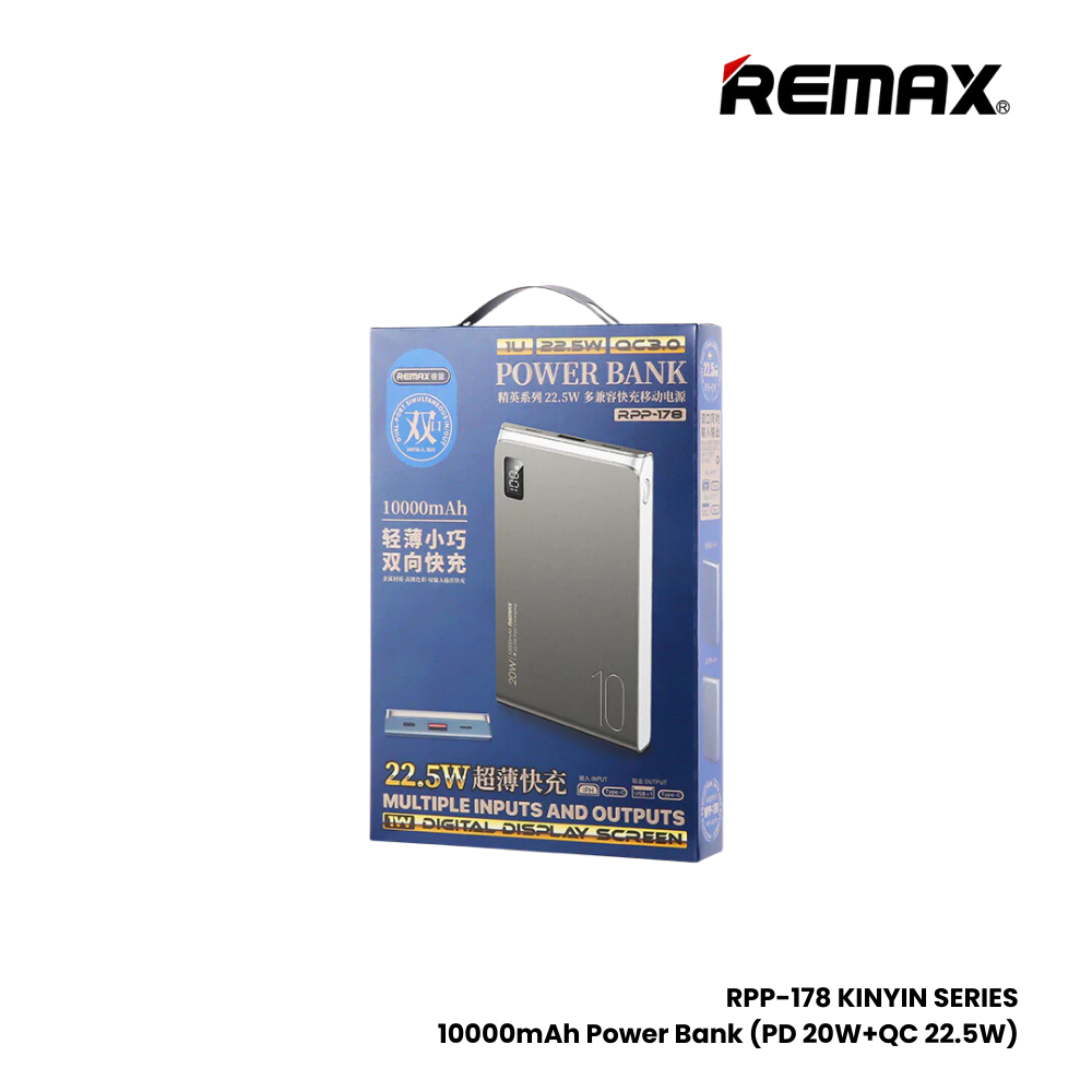 REMAX RPP-178 Kinyin Series 10000mAh PD+QC Fast Charging Power Bank(PD 20W+QC 22.5W) - Blue