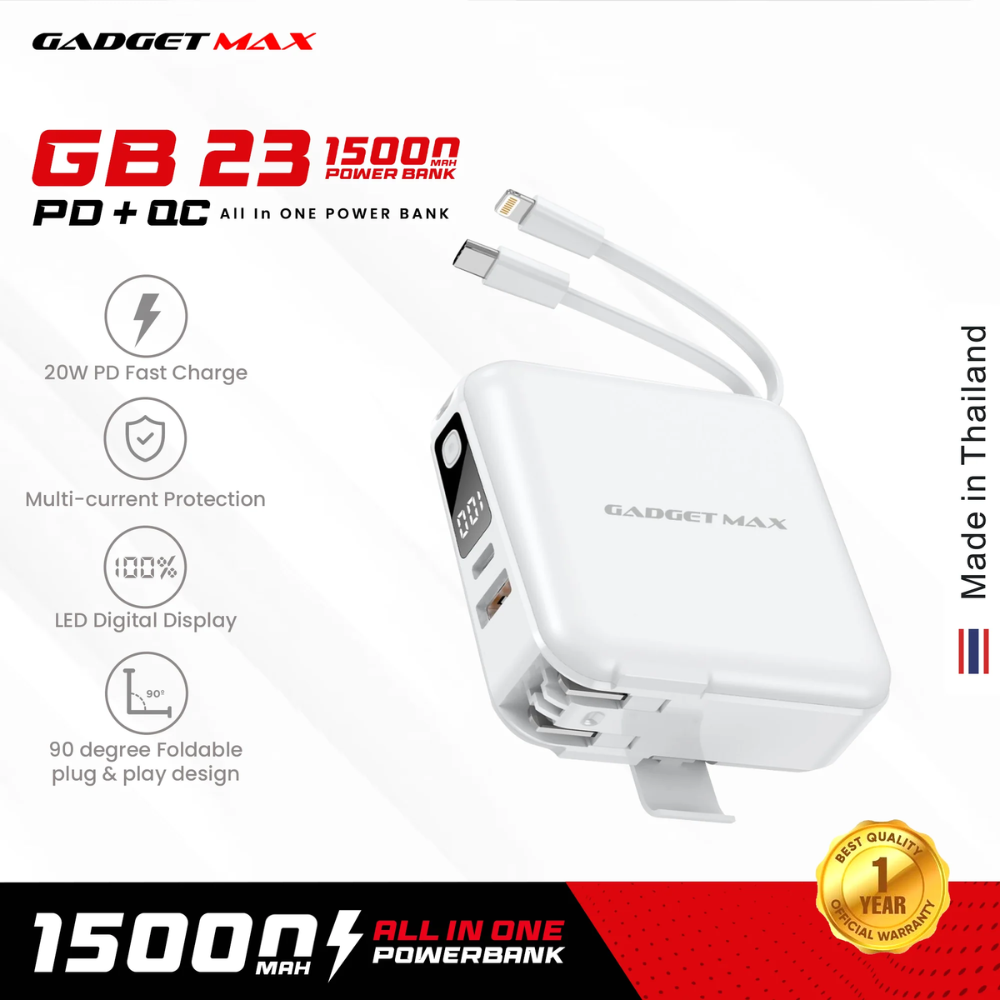 GADGET MAX GB23 AIO Pro Series 15000mAh All-in-One PD+QC Fast Charging Power Bank(PD 20W+QC 22.5W) - White